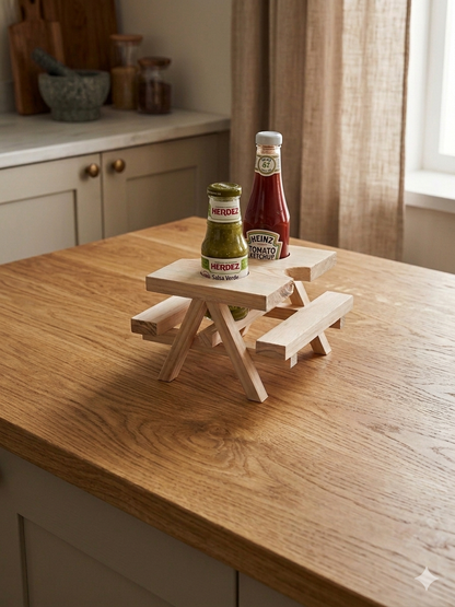 Especiero Organizador de Madera "Mini Mesa de Picnic" – Soporte Artesanal para Salsas y Aderezos